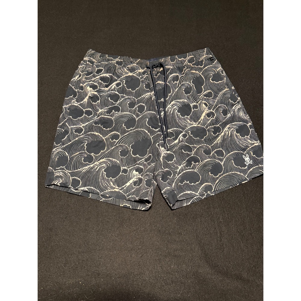 Psycho Bunny Mens Navy Wave Print Swim Trunks Board Shorts Size Medium